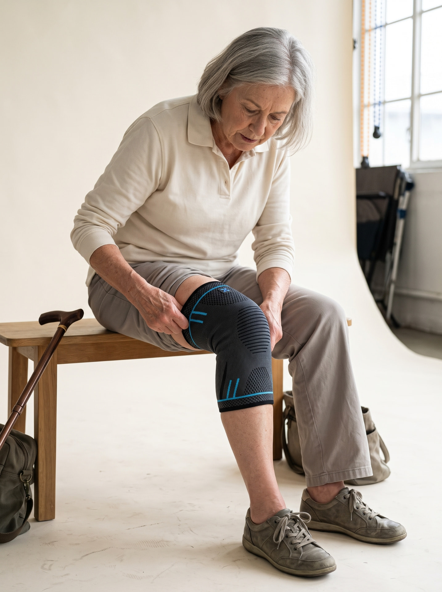 Eine Frau sitzt auf einer Bank und zieht die schwarze Pressurefit Pro Kniebandage über ihr Knie